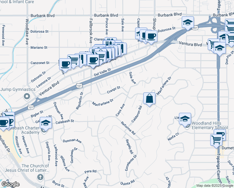 map of restaurants, bars, coffee shops, grocery stores, and more near 22641 Macfarlane Drive in Los Angeles