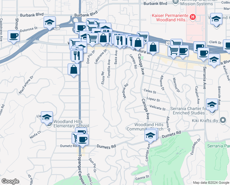 map of restaurants, bars, coffee shops, grocery stores, and more near 5173 Baza Avenue in Los Angeles