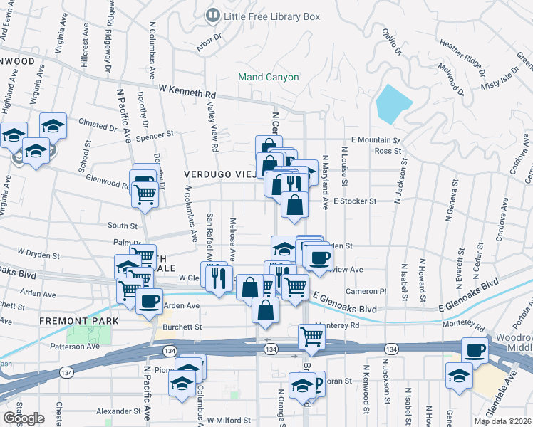map of restaurants, bars, coffee shops, grocery stores, and more near 1145 North Central Avenue in Glendale