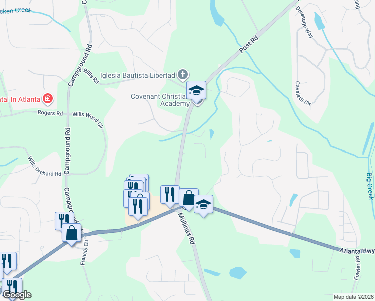 map of restaurants, bars, coffee shops, grocery stores, and more near 7070 Post Park Way in Cumming