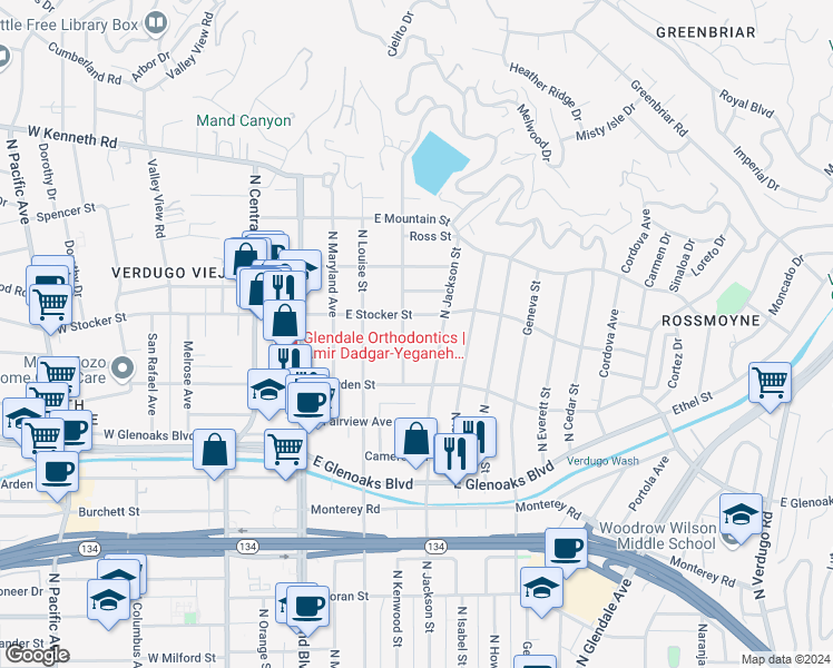 map of restaurants, bars, coffee shops, grocery stores, and more near 1142 Campbell Street in Glendale