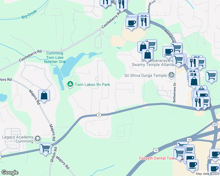 map of restaurants, bars, coffee shops, grocery stores, and more near 3048 Kentmere Drive in Cumming
