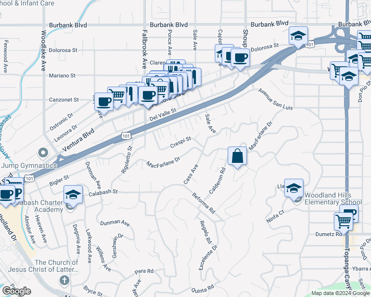 map of restaurants, bars, coffee shops, grocery stores, and more near 22641 Macfarlane Drive in Los Angeles