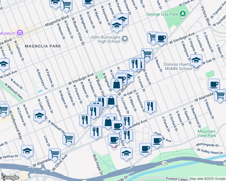 map of restaurants, bars, coffee shops, grocery stores, and more near 126 North Brighton Street in Burbank