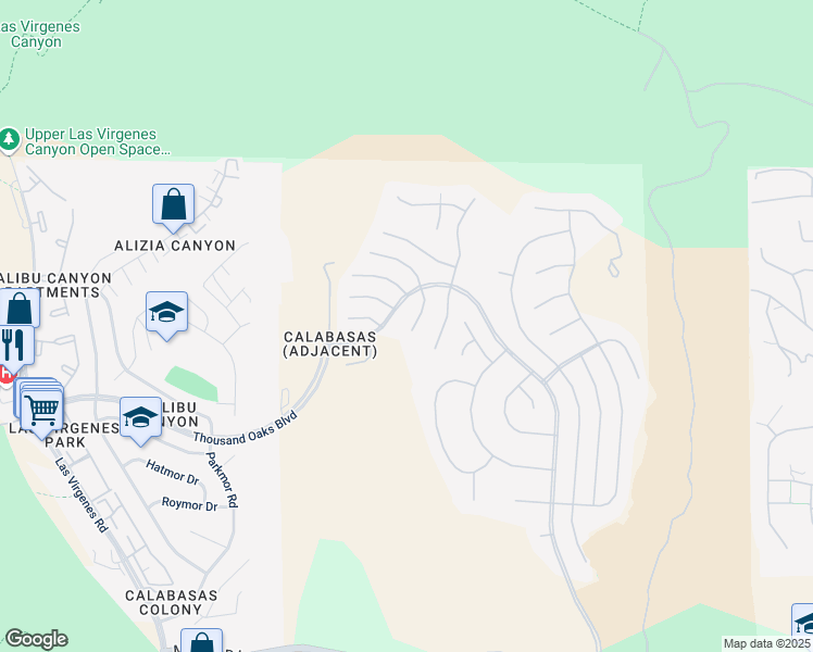 map of restaurants, bars, coffee shops, grocery stores, and more near 5607 Manley Court in Calabasas