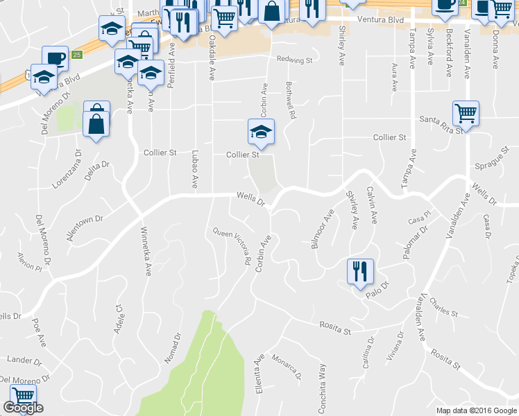 map of restaurants, bars, coffee shops, grocery stores, and more near 19716 Wells Drive in Los Angeles