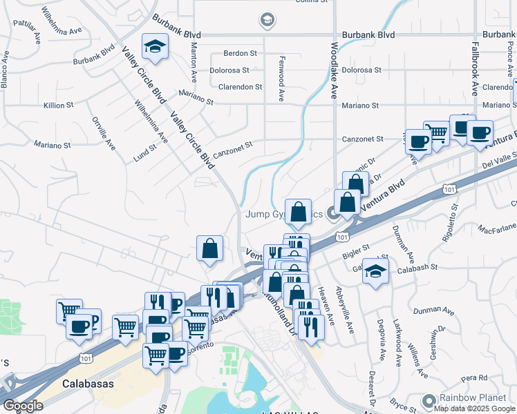 map of restaurants, bars, coffee shops, grocery stores, and more near 23361 Ostronic Drive in Los Angeles