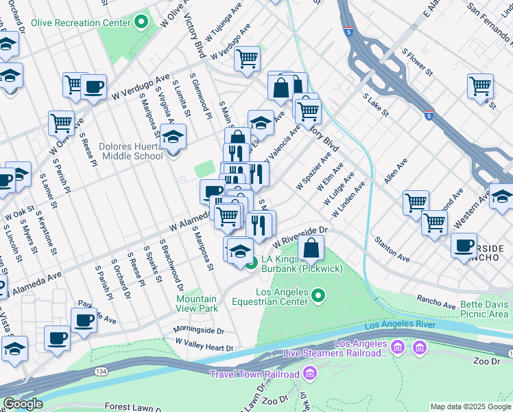 map of restaurants, bars, coffee shops, grocery stores, and more near 900 West Alameda Avenue in Burbank