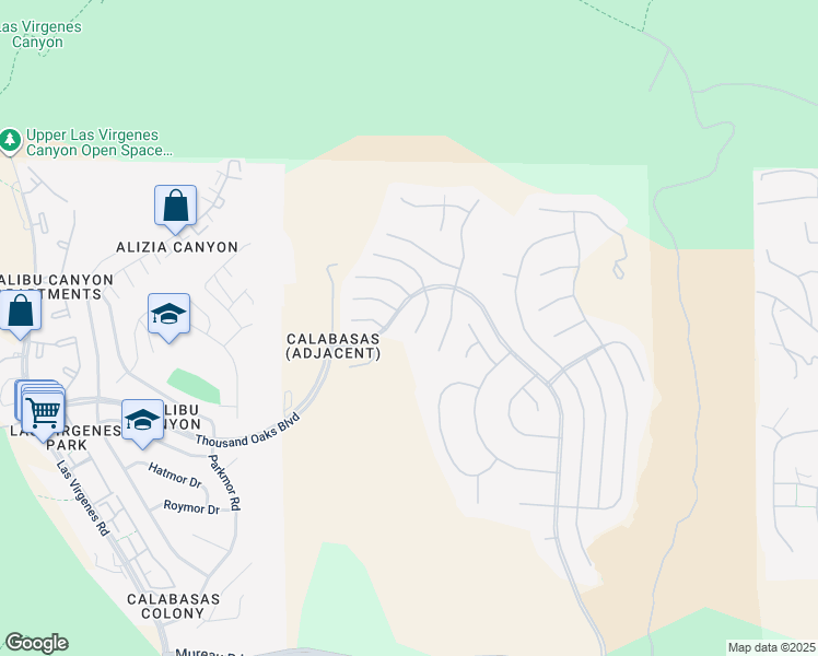 map of restaurants, bars, coffee shops, grocery stores, and more near 5607 Manley Court in Calabasas