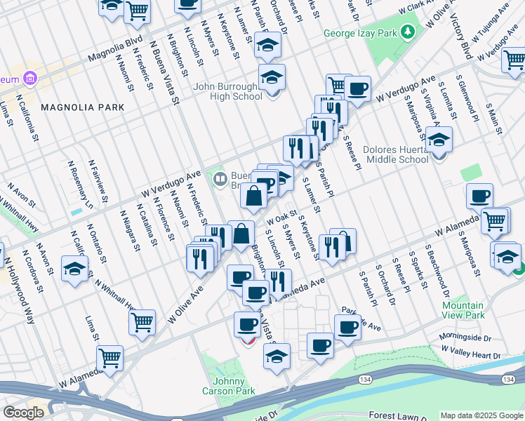 map of restaurants, bars, coffee shops, grocery stores, and more near 2222 West Olive Avenue in Burbank
