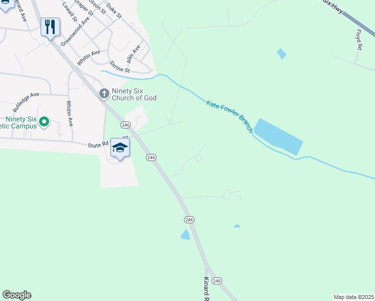 map of restaurants, bars, coffee shops, grocery stores, and more near 121 Davis Drive in Ninety Six