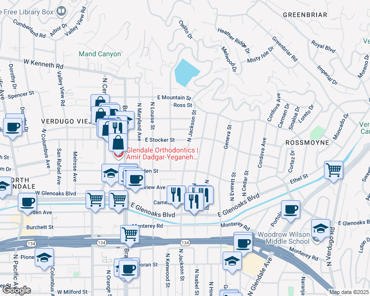 map of restaurants, bars, coffee shops, grocery stores, and more near 1143 North Jackson Street in Glendale