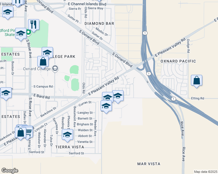 map of restaurants, bars, coffee shops, grocery stores, and more near 2250 East Pleasant Valley Road in Oxnard
