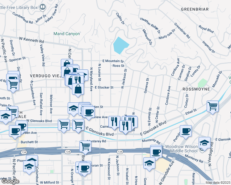 map of restaurants, bars, coffee shops, grocery stores, and more near 1142 Campbell Street in Glendale