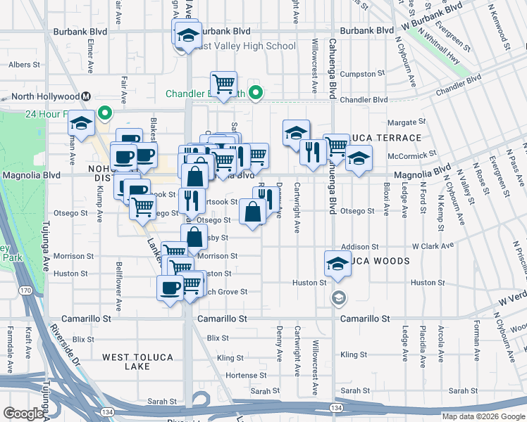 map of restaurants, bars, coffee shops, grocery stores, and more near 10822 Otsego Street in Los Angeles