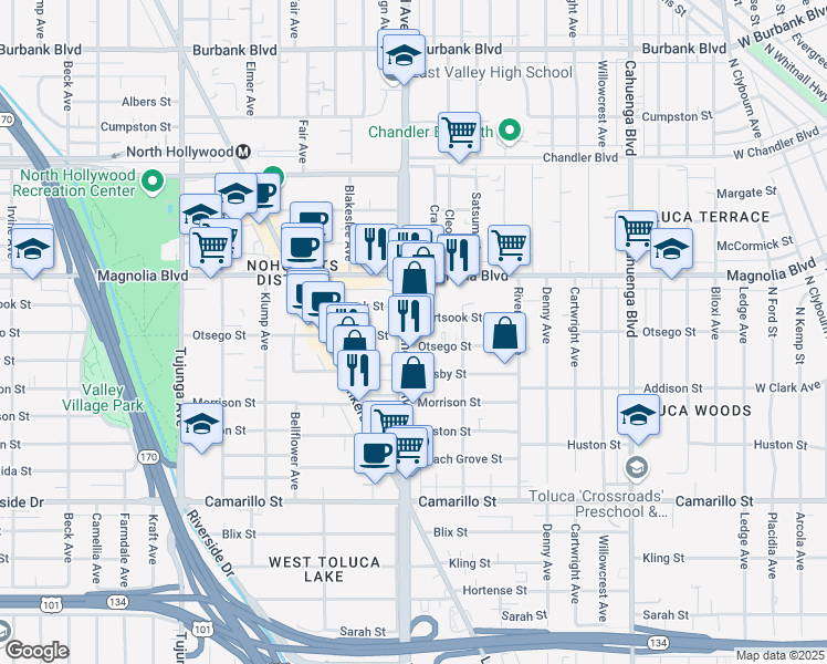 map of restaurants, bars, coffee shops, grocery stores, and more near 10942 Otsego Street in Los Angeles