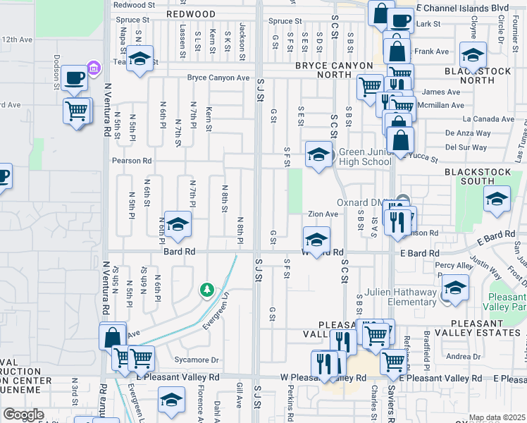map of restaurants, bars, coffee shops, grocery stores, and more near J Street in Oxnard