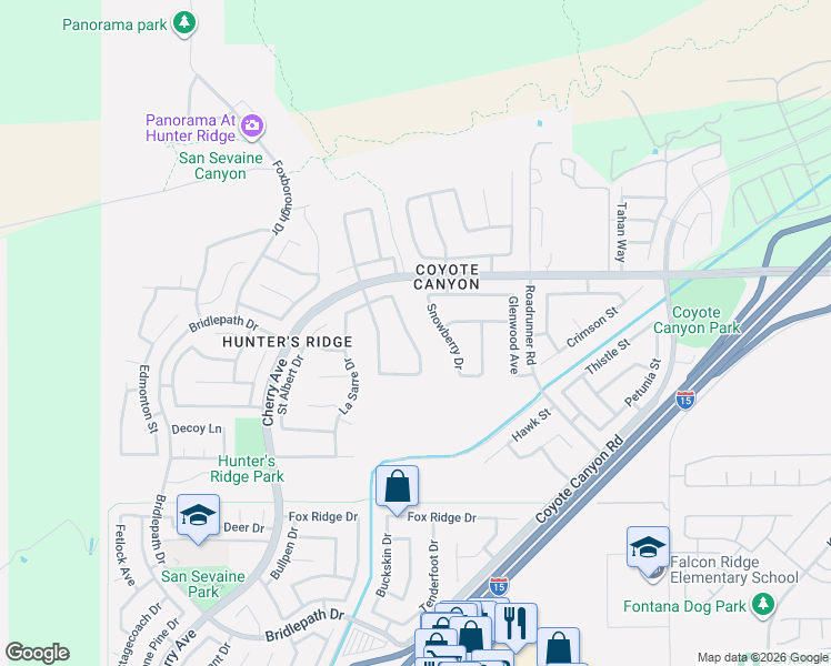 map of restaurants, bars, coffee shops, grocery stores, and more near 5042 Thornberry Way in Fontana