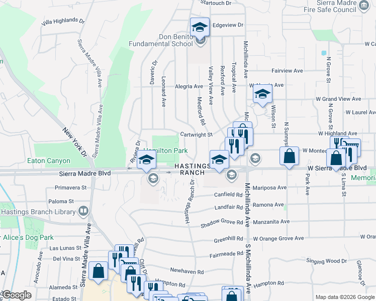 map of restaurants, bars, coffee shops, grocery stores, and more near in Pasadena