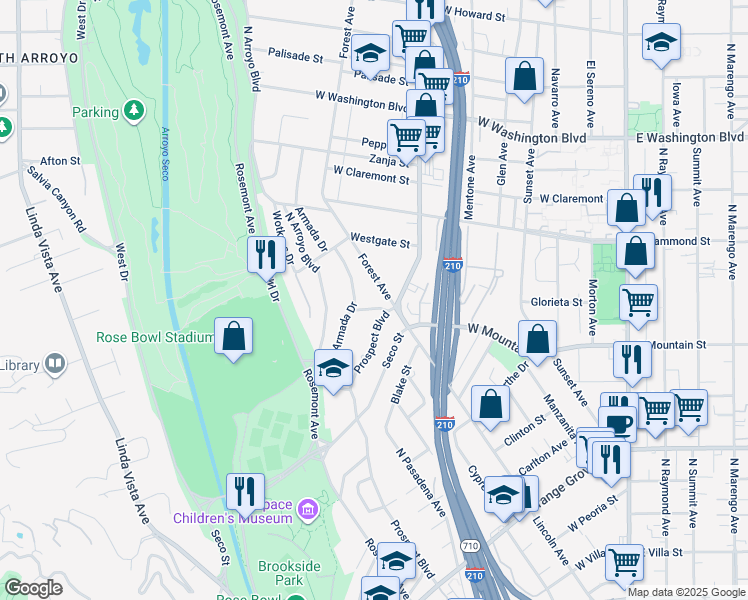 map of restaurants, bars, coffee shops, grocery stores, and more near 1086 Prospect Boulevard in Pasadena