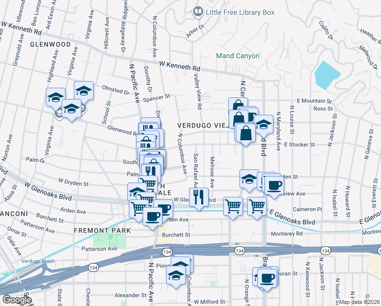 map of restaurants, bars, coffee shops, grocery stores, and more near 1124 North Columbus Avenue in Glendale