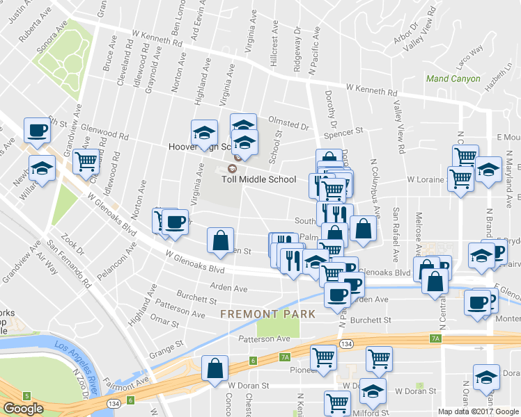 map of restaurants, bars, coffee shops, grocery stores, and more near 596 South Street in Glendale