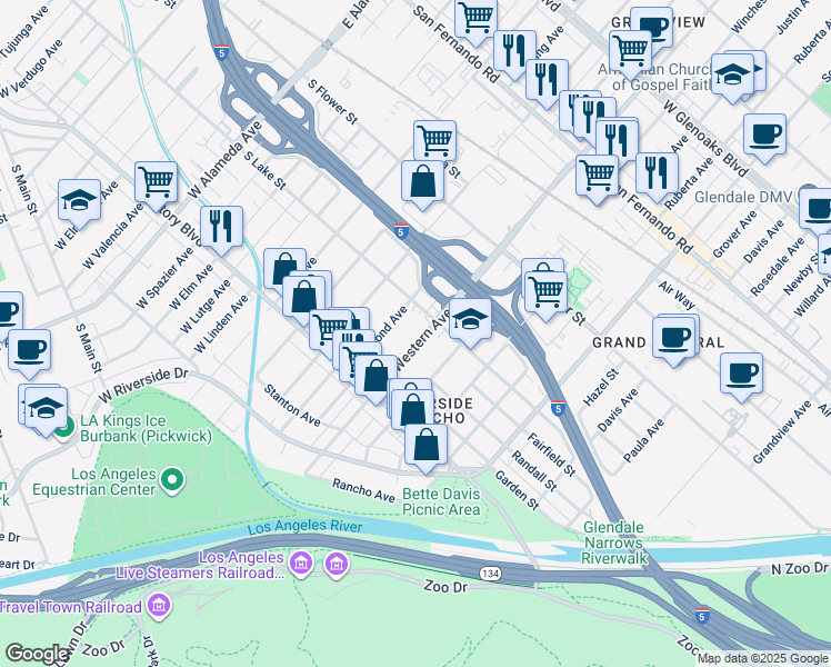 map of restaurants, bars, coffee shops, grocery stores, and more near 403 Western Avenue in Glendale