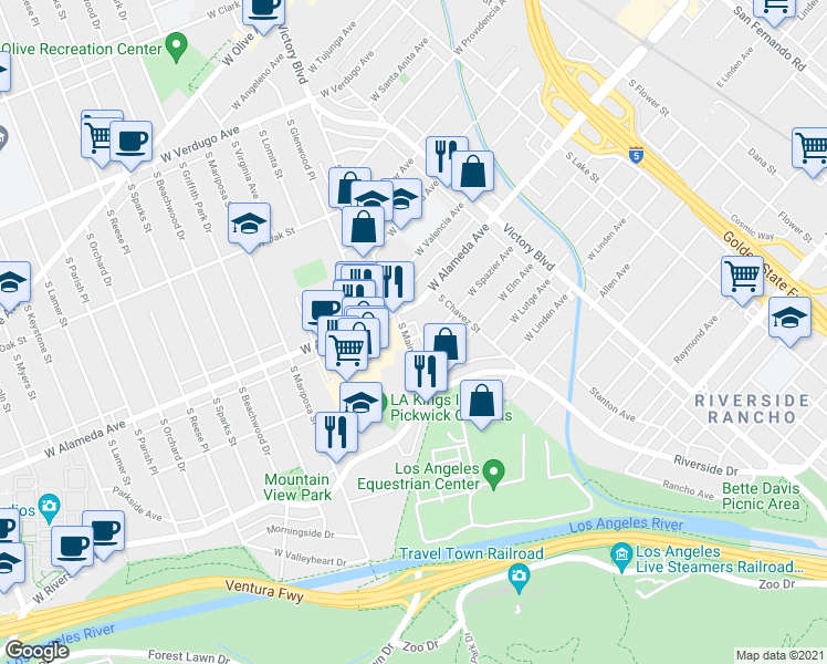 map of restaurants, bars, coffee shops, grocery stores, and more near 1036 South Main Street in Burbank