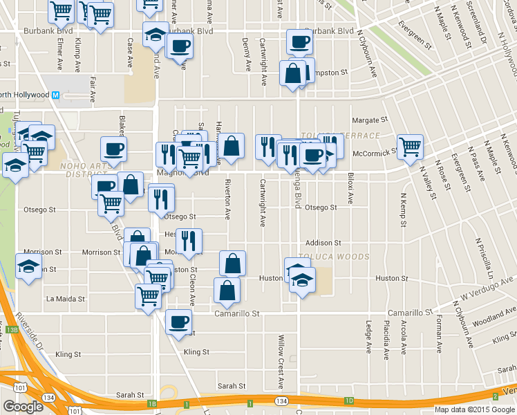 map of restaurants, bars, coffee shops, grocery stores, and more near 5044 Cartwright Avenue in Los Angeles