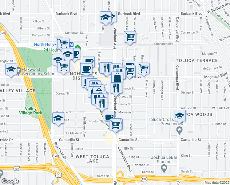 map of restaurants, bars, coffee shops, grocery stores, and more near 11008 Otsego Street in Los Angeles