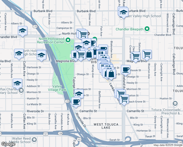 map of restaurants, bars, coffee shops, grocery stores, and more near 5066 Klump Avenue in Los Angeles