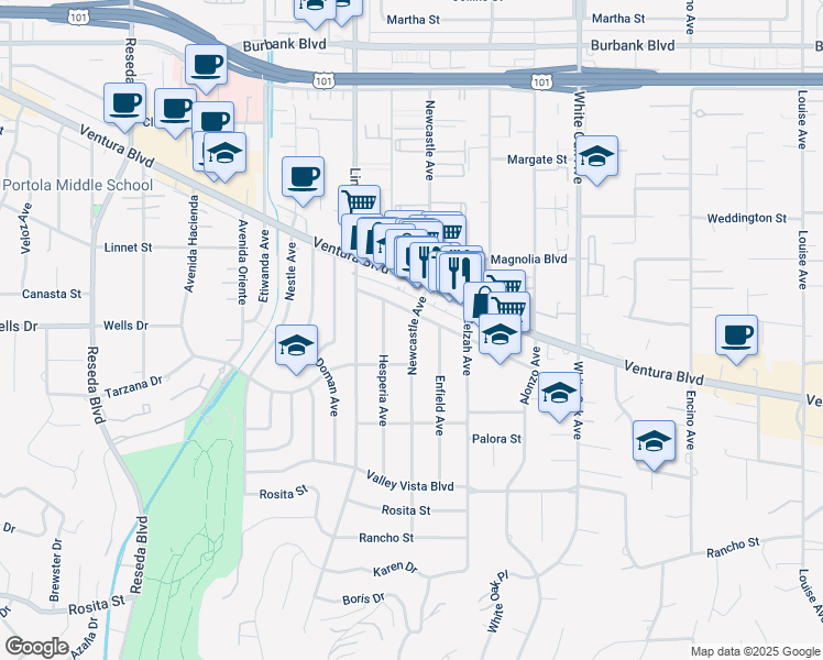 map of restaurants, bars, coffee shops, grocery stores, and more near 5113 Newcastle Avenue in Los Angeles