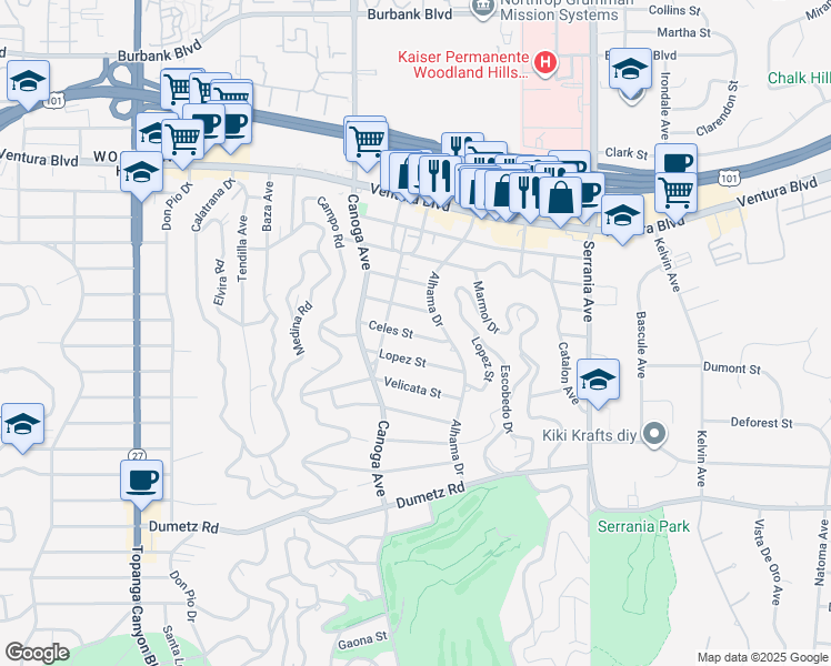 map of restaurants, bars, coffee shops, grocery stores, and more near 21218 Celes Street in Los Angeles
