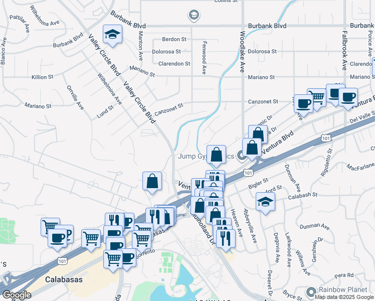 map of restaurants, bars, coffee shops, grocery stores, and more near 23361 Ostronic Drive in Los Angeles