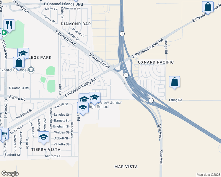map of restaurants, bars, coffee shops, grocery stores, and more near 2594 Etting Road in Oxnard