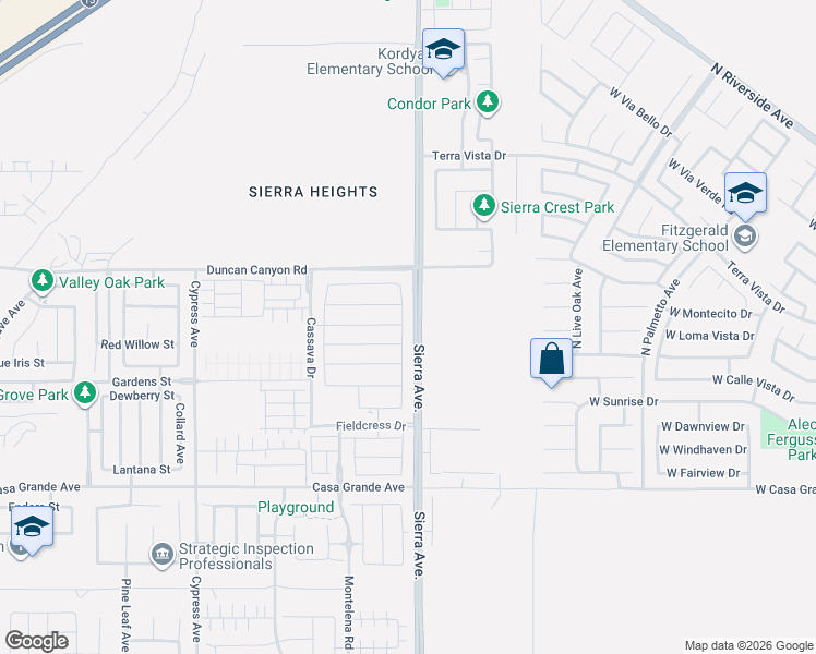 map of restaurants, bars, coffee shops, grocery stores, and more near 5007 Bay Laurel Drive in Fontana