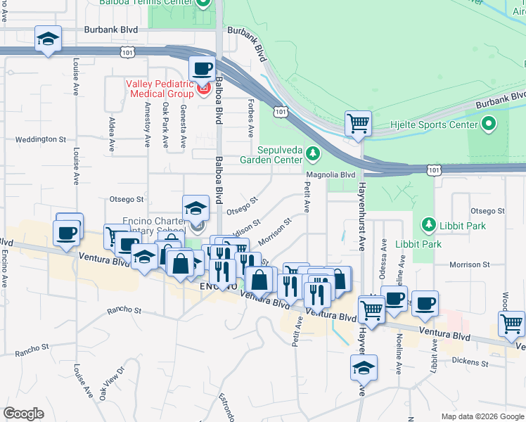 map of restaurants, bars, coffee shops, grocery stores, and more near 16764 Addison Street in Los Angeles