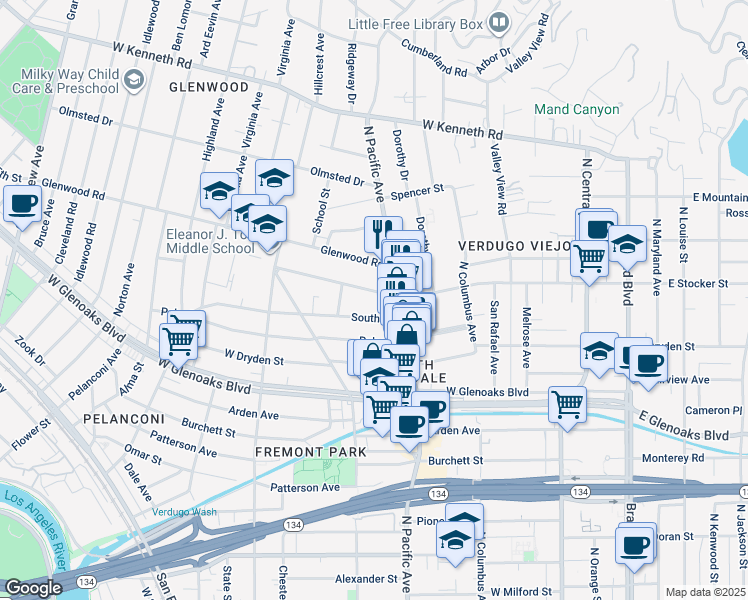 map of restaurants, bars, coffee shops, grocery stores, and more near 522 West Stocker Street in Glendale