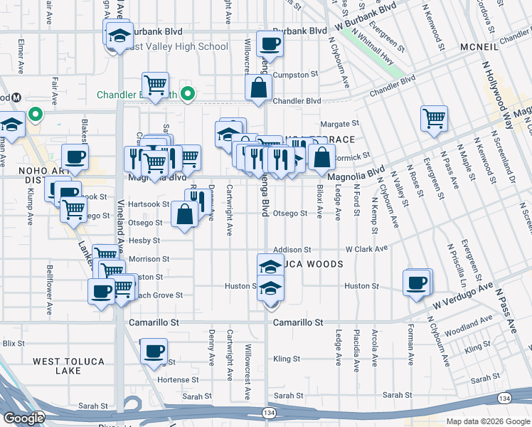 map of restaurants, bars, coffee shops, grocery stores, and more near Cahuenga Boulevard & Otsego Street in Los Angeles