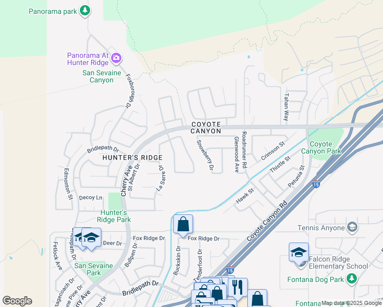 map of restaurants, bars, coffee shops, grocery stores, and more near 5003 Thornberry Way in Fontana