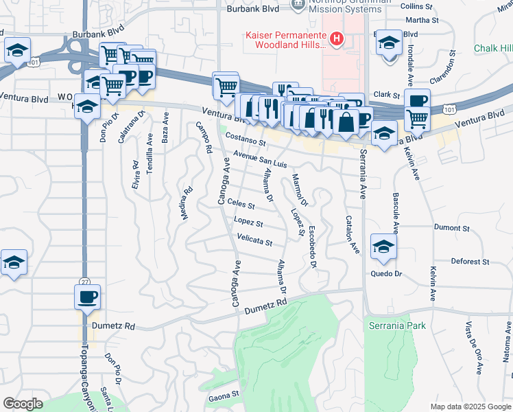 map of restaurants, bars, coffee shops, grocery stores, and more near 21303 Celes Street in Los Angeles
