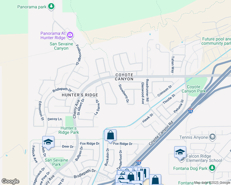 map of restaurants, bars, coffee shops, grocery stores, and more near 5003 Thornberry Way in Fontana