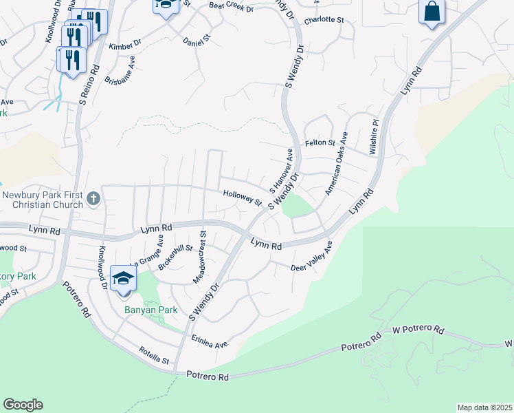 map of restaurants, bars, coffee shops, grocery stores, and more near 3330 Prairie Court in Thousand Oaks