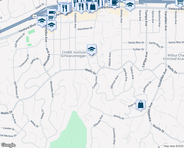 map of restaurants, bars, coffee shops, grocery stores, and more near 19716 Wells Drive in Los Angeles