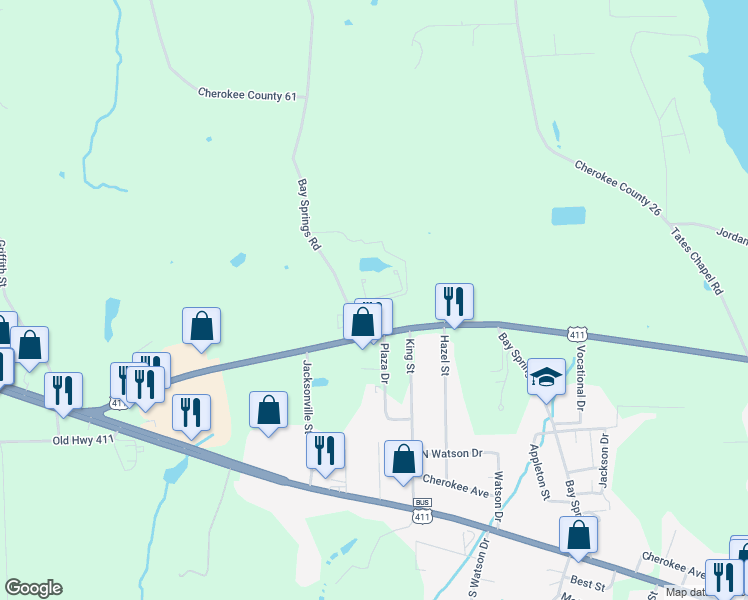 map of restaurants, bars, coffee shops, grocery stores, and more near 1042 Bay Springs Road in Centre