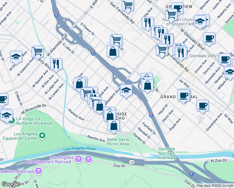 map of restaurants, bars, coffee shops, grocery stores, and more near 427 Winchester Avenue in Glendale