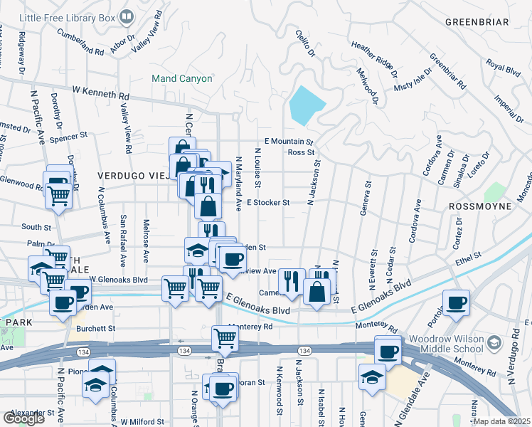 map of restaurants, bars, coffee shops, grocery stores, and more near 1130 North Louise Street in Glendale