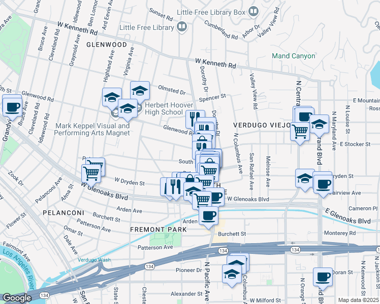 map of restaurants, bars, coffee shops, grocery stores, and more near 522 West Stocker Street in Glendale
