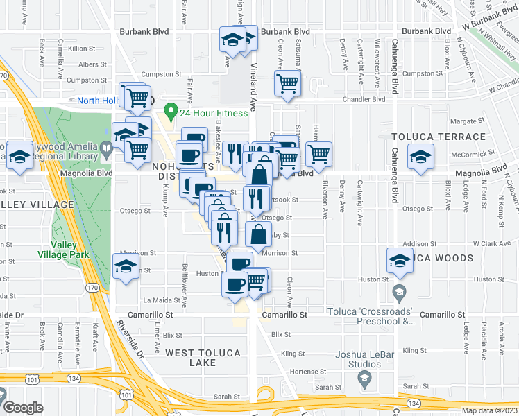 map of restaurants, bars, coffee shops, grocery stores, and more near 5114 Vineland Avenue in Los Angeles