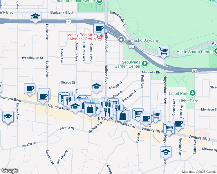 map of restaurants, bars, coffee shops, grocery stores, and more near 16833 Otsego Street in Los Angeles